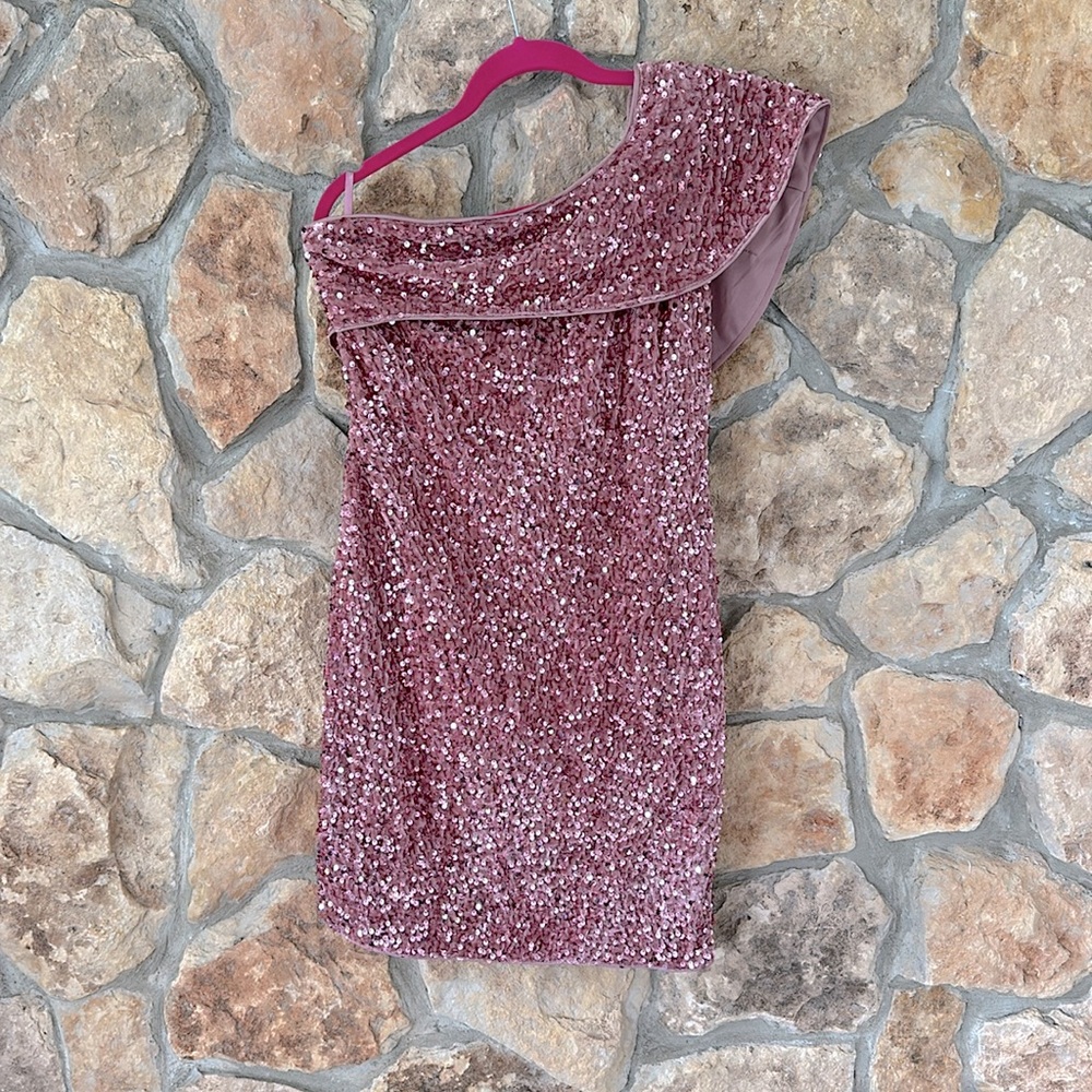 Pink Velour Sequin One Shoulder Dress